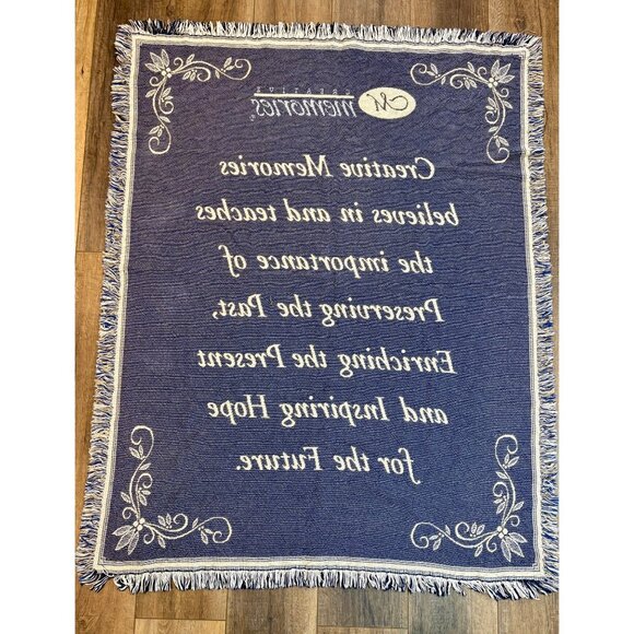 Creative Memories Tapestry Throw Blanket 48” X 61" Blue White Cotton Fringe - Picture 5 of 6